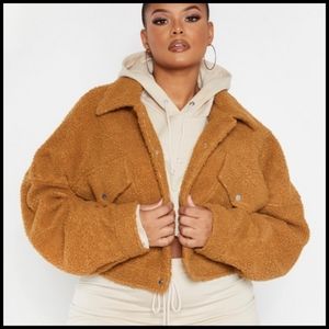 NWT Pretty Little Thing Camel Cropped Borg Trucker Jacket
